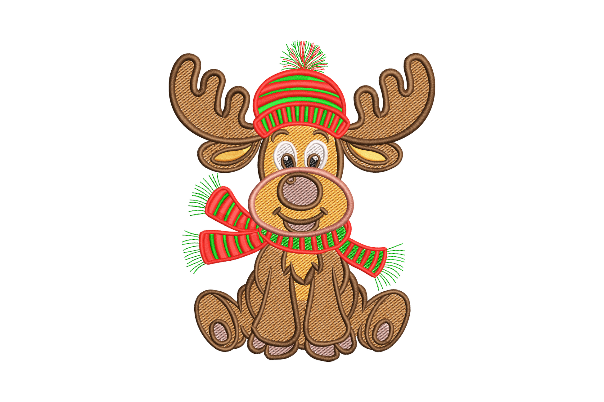 Sitting reindeer embroidery design with knit striped winter hat and scarf, cross-hatch fill, 9 colors, chunky cartoon style