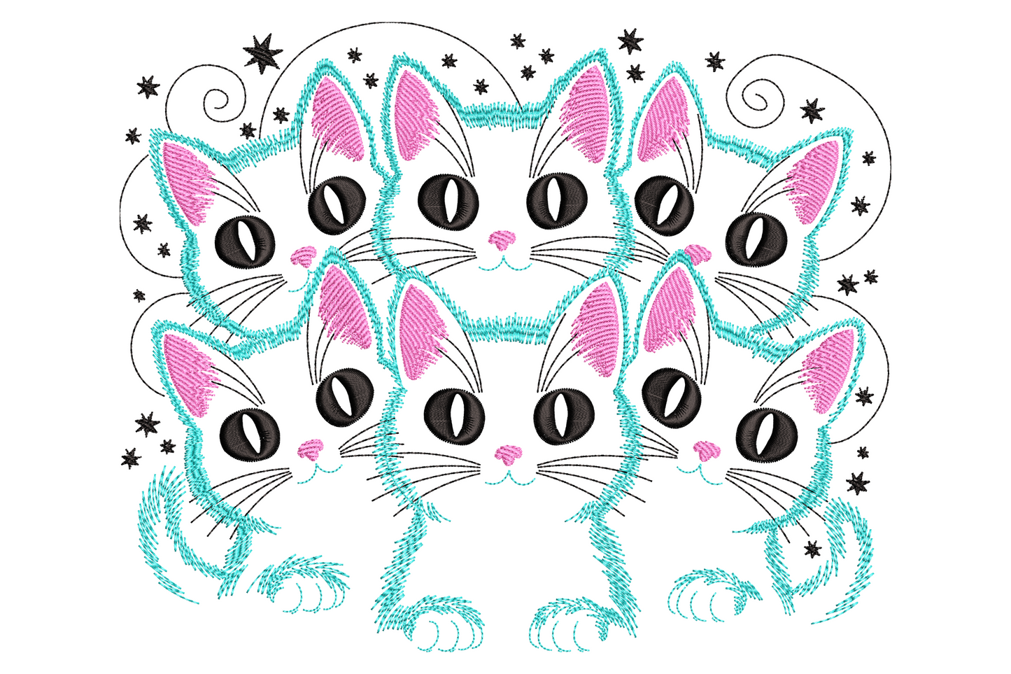 Six kitten faces embroidery in teal turquoise outline with pink ears and noses, big black eyes and star sparkles around