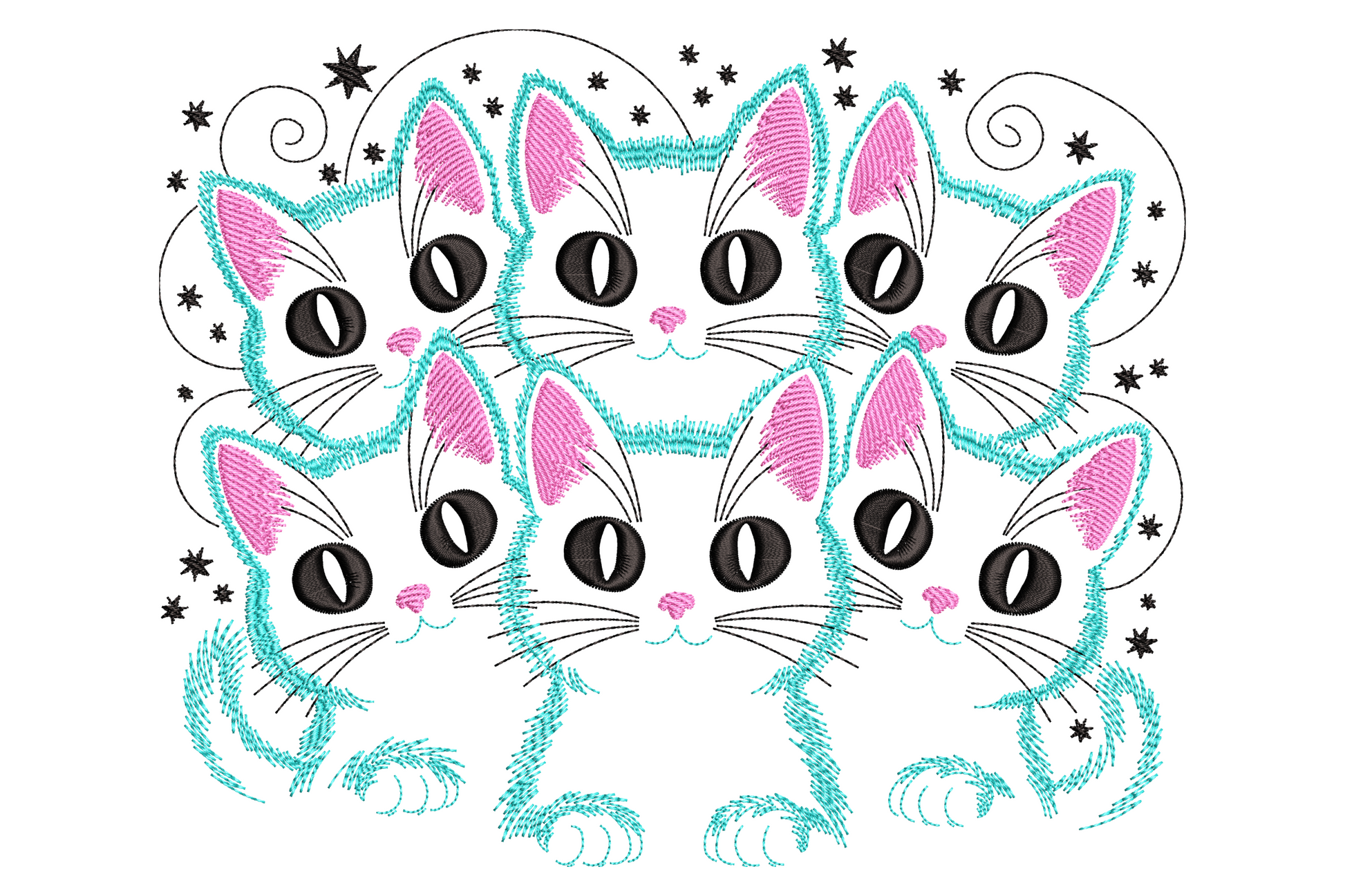 Six kitten faces embroidery in teal turquoise outline with pink ears and noses, big black eyes and star sparkles around