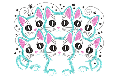 Six kitten faces embroidery in teal turquoise outline with pink ears and noses, big black eyes and star sparkles around