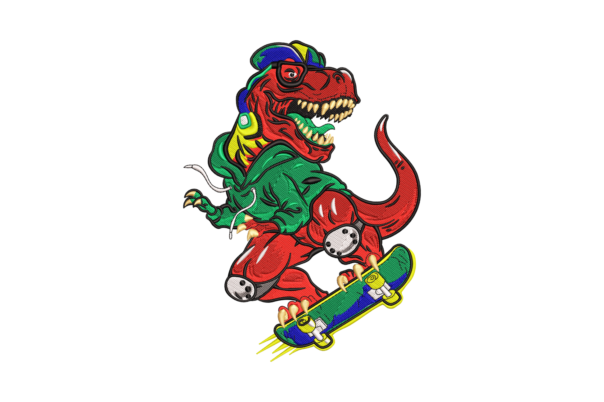 Cartoon t-rex on a skateboard with sunglasses, lime green body, orange wheels, black outlines, comic-book style embroidery.
