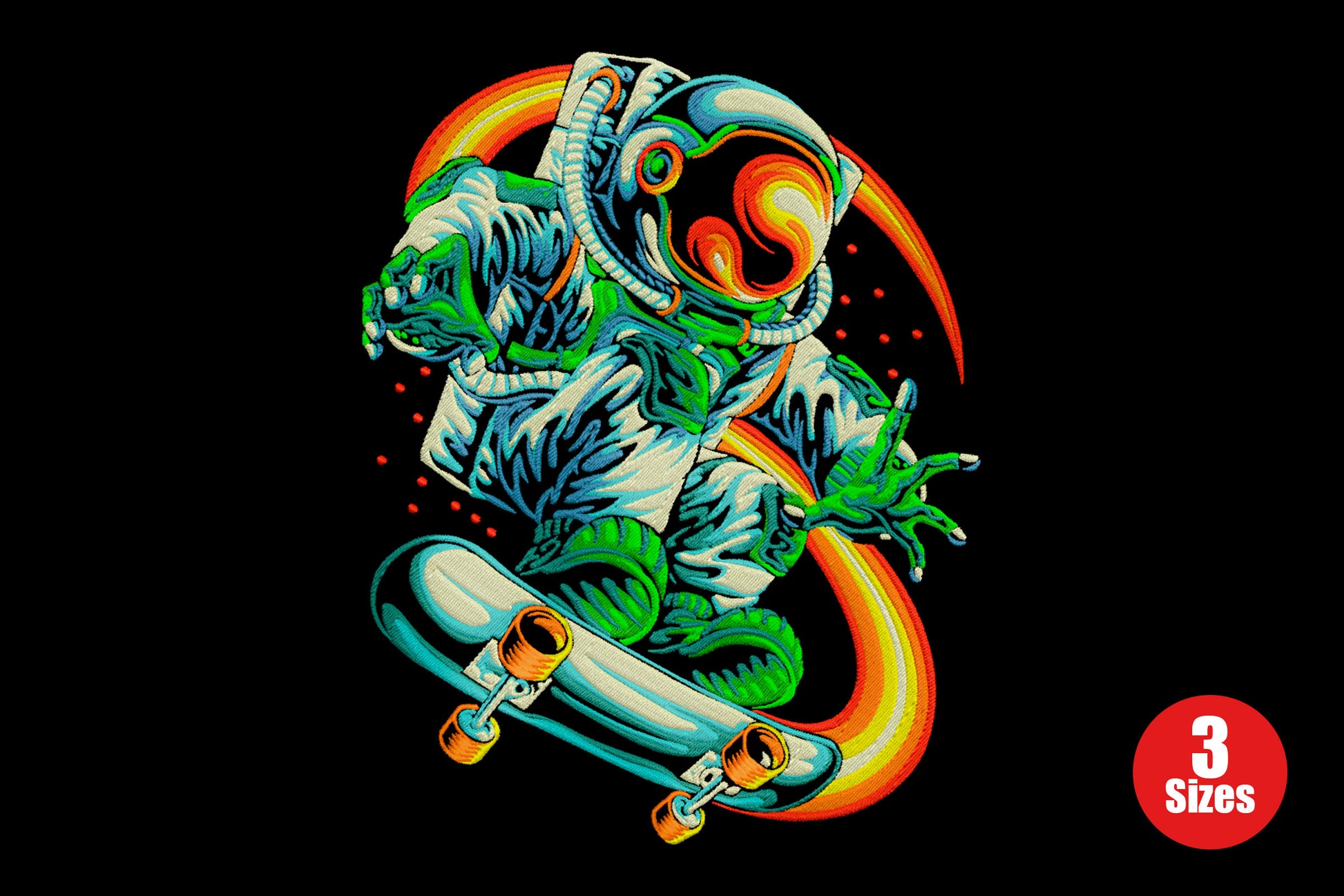 Retro pop-art astronaut in neon green suit riding a skateboard, rainbow arc behind on black background, embroidery design.