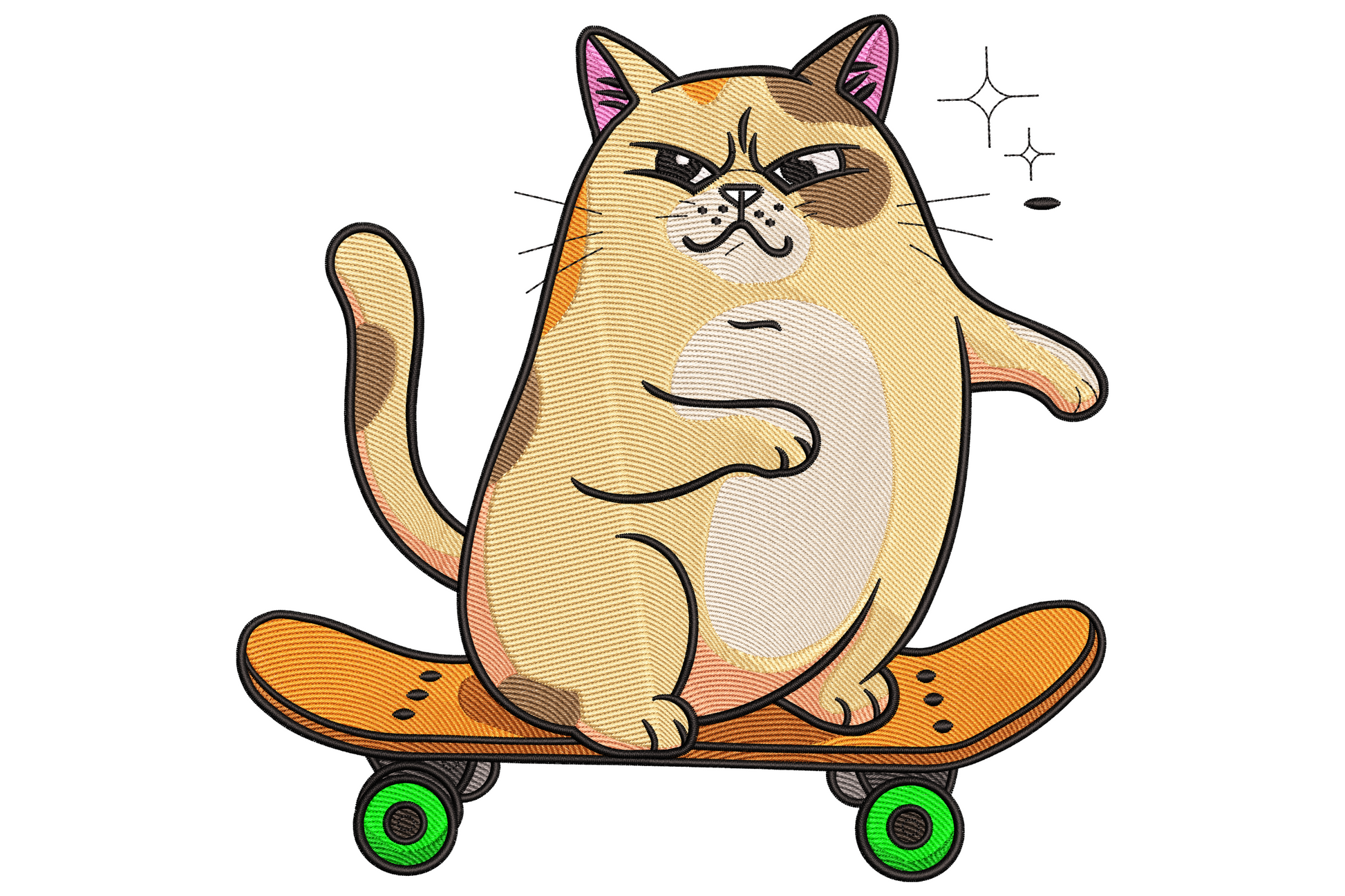 Grumpy chubby cat riding an orange skateboard embroidery design, cartoon style with green wheels and 15 thread colours.