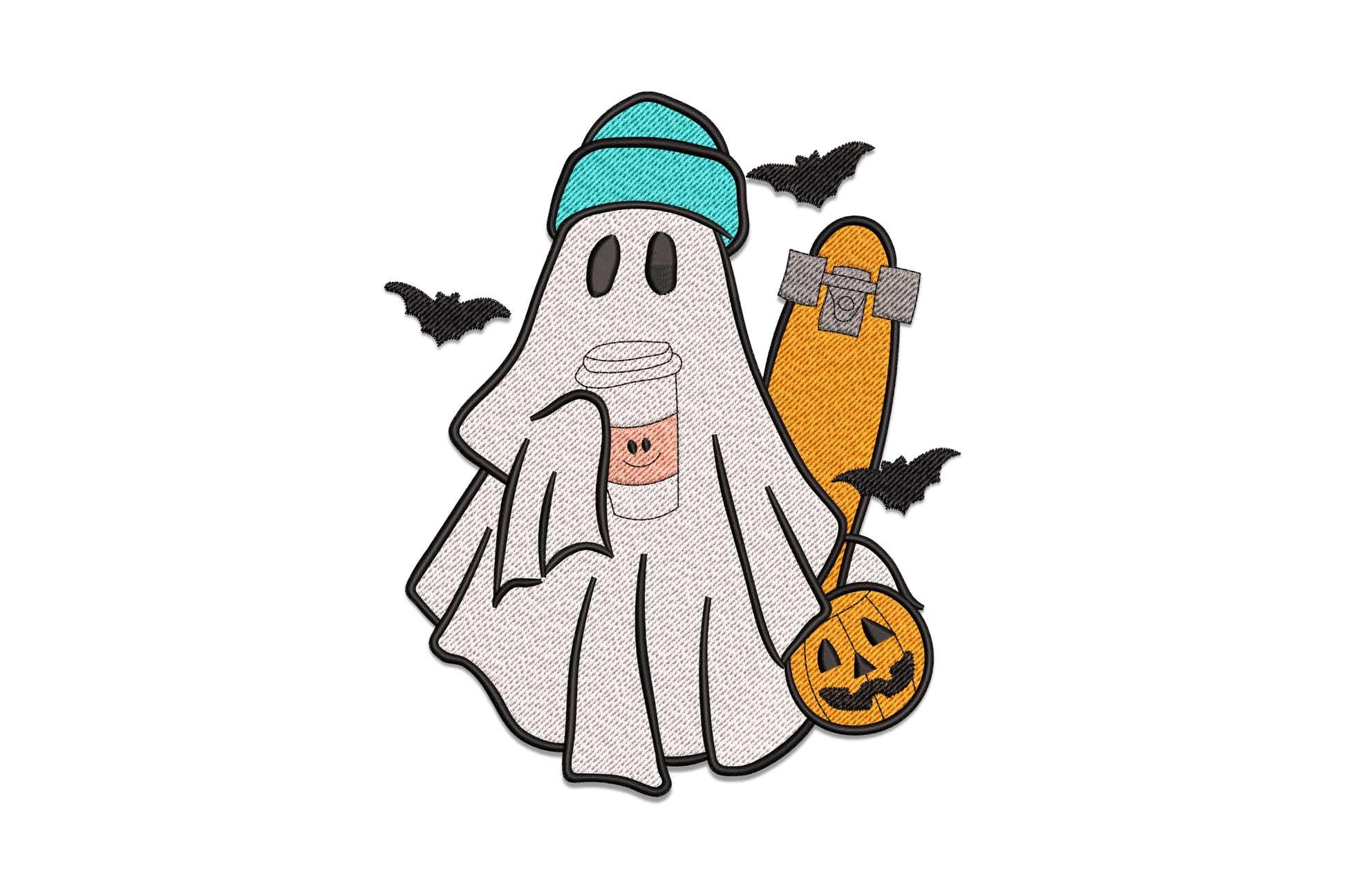 Skater ghost embroidery, teal beanie, coffee cup, orange skateboard and jack-o-lantern, black outlines, kawaii halloween.