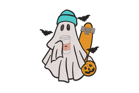 Skater ghost embroidery, teal beanie, coffee cup, orange skateboard and jack-o-lantern, black outlines, kawaii halloween.