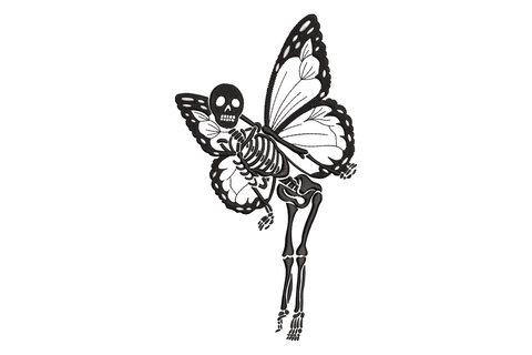 Skeleton butterfly fairy embroidery design, landscape orientation with spread wings, black and white 2 colors, 5 sizes