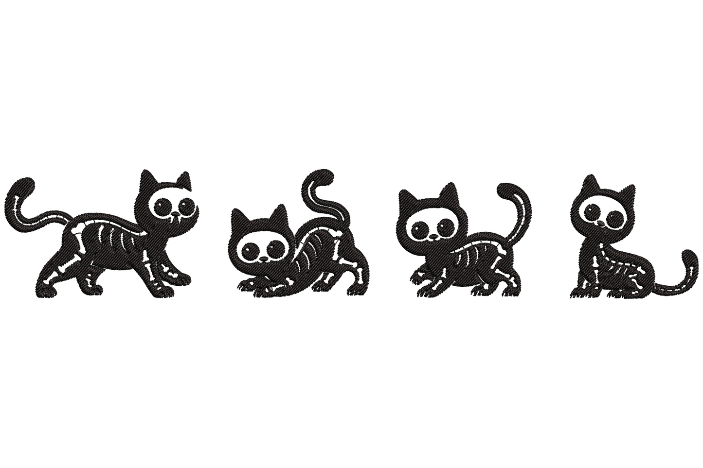 Halloween skeleton cat embroidery strip with four black kittens in playful poses showing white rib cage and skulls.