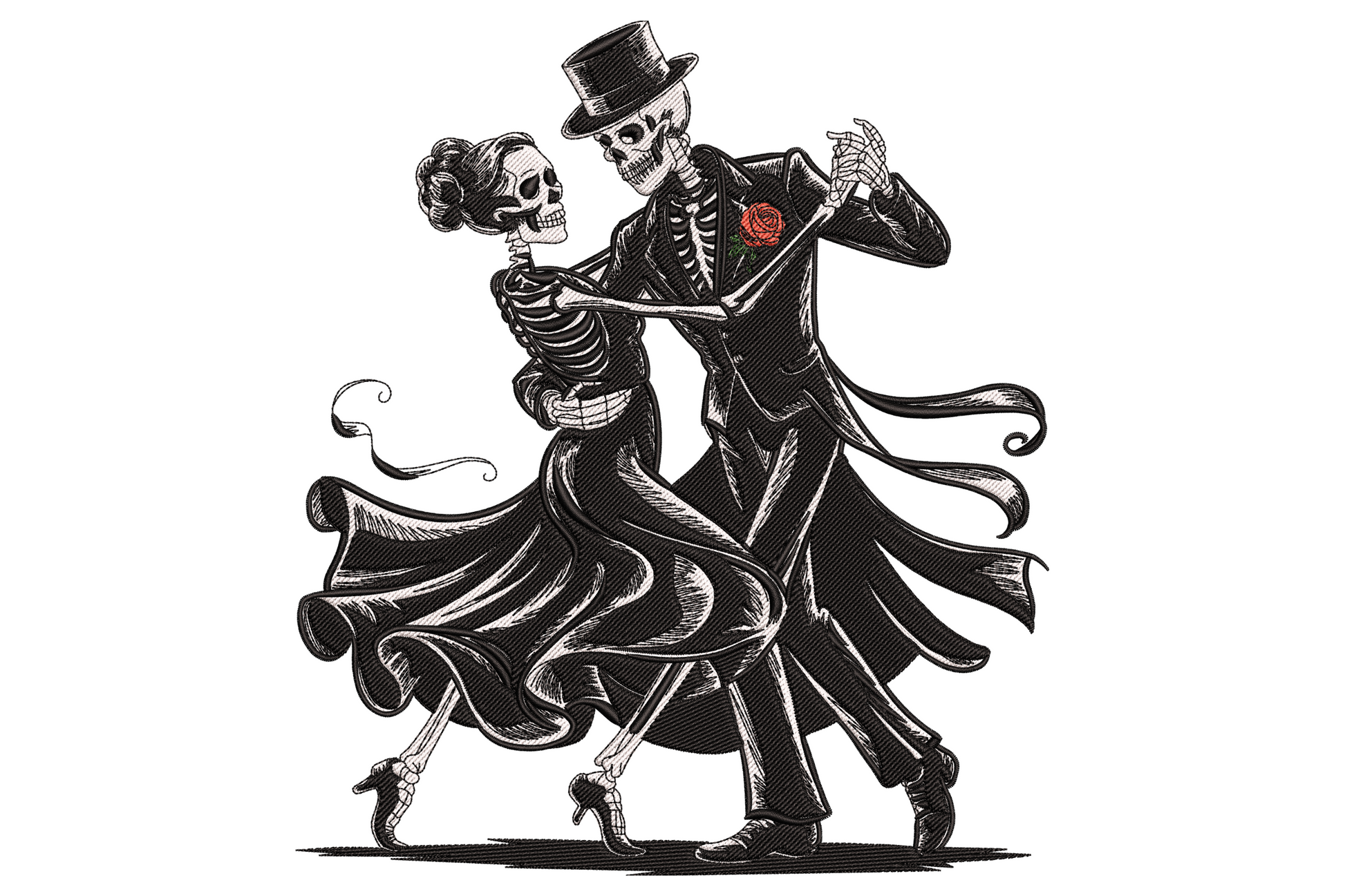 Two skeletons in ballroom dance pose, cream white bones with dusty rose dress and dark suit detail, romantic spooky tall composition on white background.