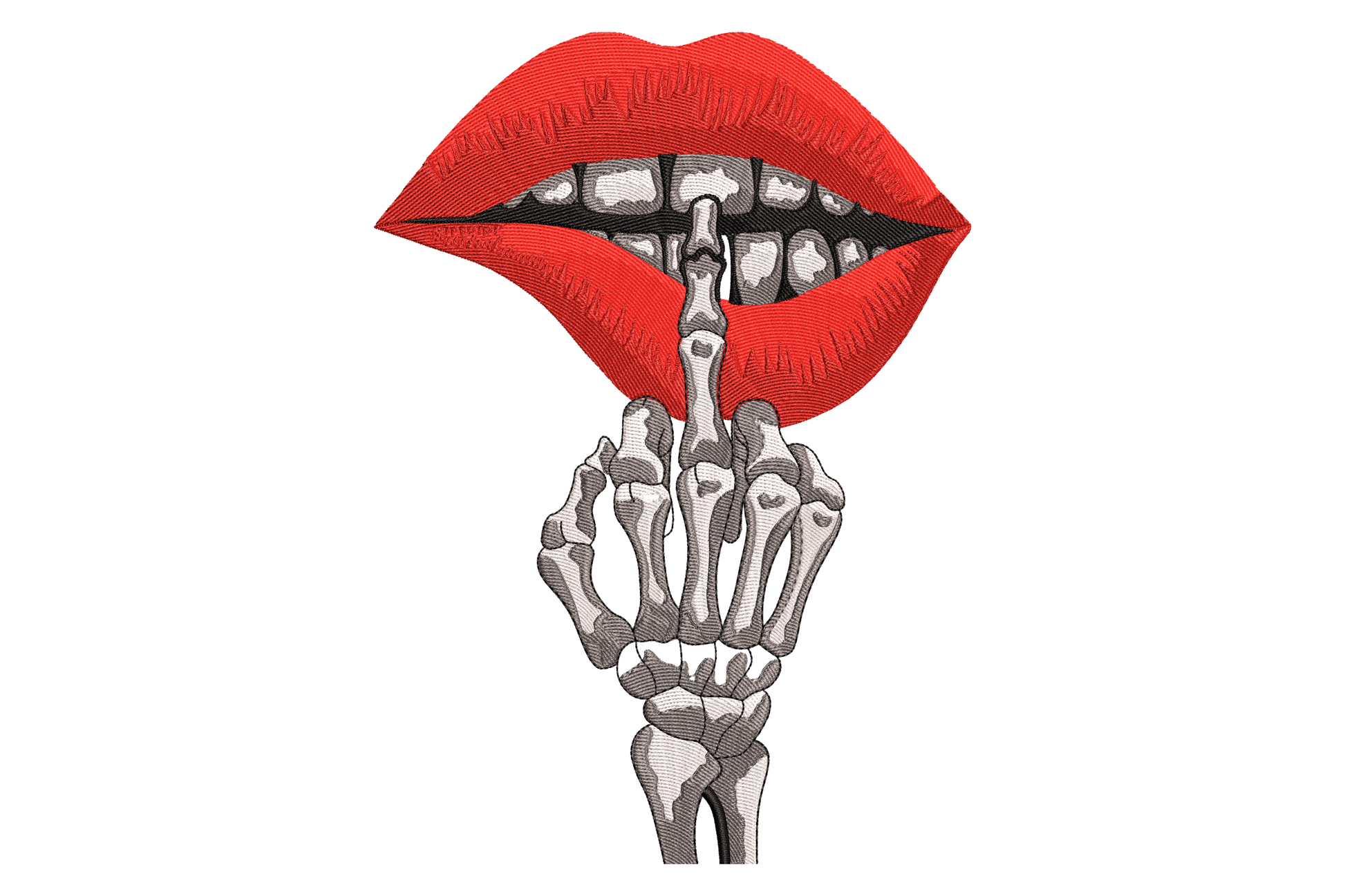 Skeleton finger lips embroidery design with glossy red female lips skeleton teeth showing and bony hand raising a finger to shush