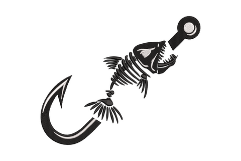 Machine embroidery skeleton fish on a large J-shaped fishing hook, diagonal layout in black and grey on white background