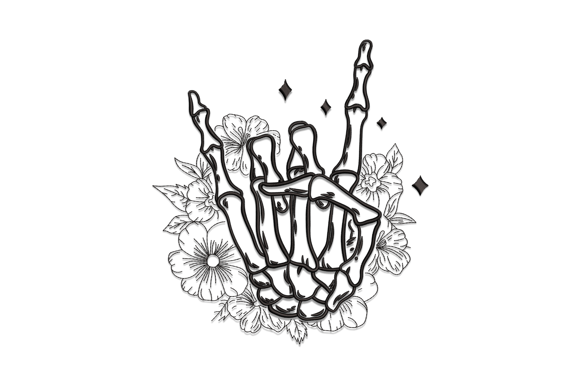 Skeleton hand making a rock-on sign surrounded by large open flowers and four diamond stars above the fingers, all in black outline linework.