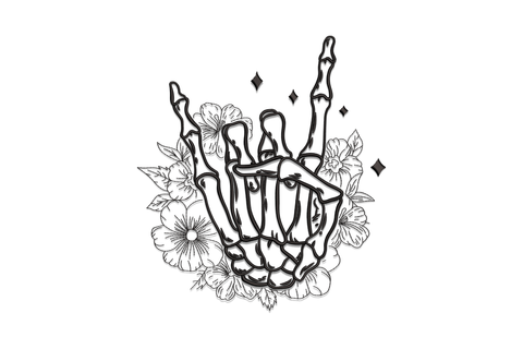 Skeleton hand making a rock-on sign surrounded by large open flowers and four diamond stars above the fingers, all in black outline linework.