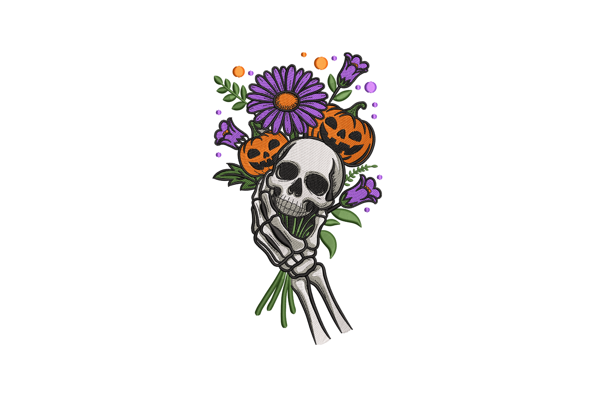 Skeleton hand holding a bouquet of flowers with Halloween-themed elements embroidery design