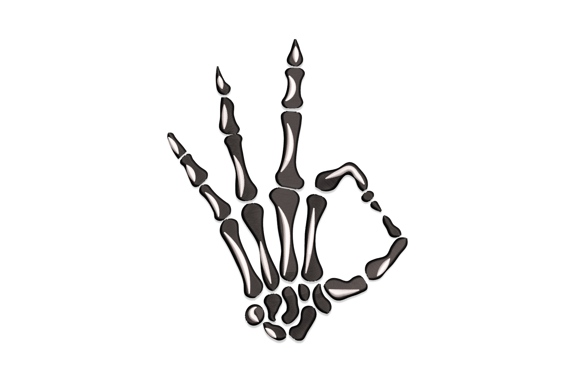 Skeleton hand OK gesture machine embroidery design, clean bone illustration with knuckle detail, 2 colours, 5 sizes from 3 to 7 inches