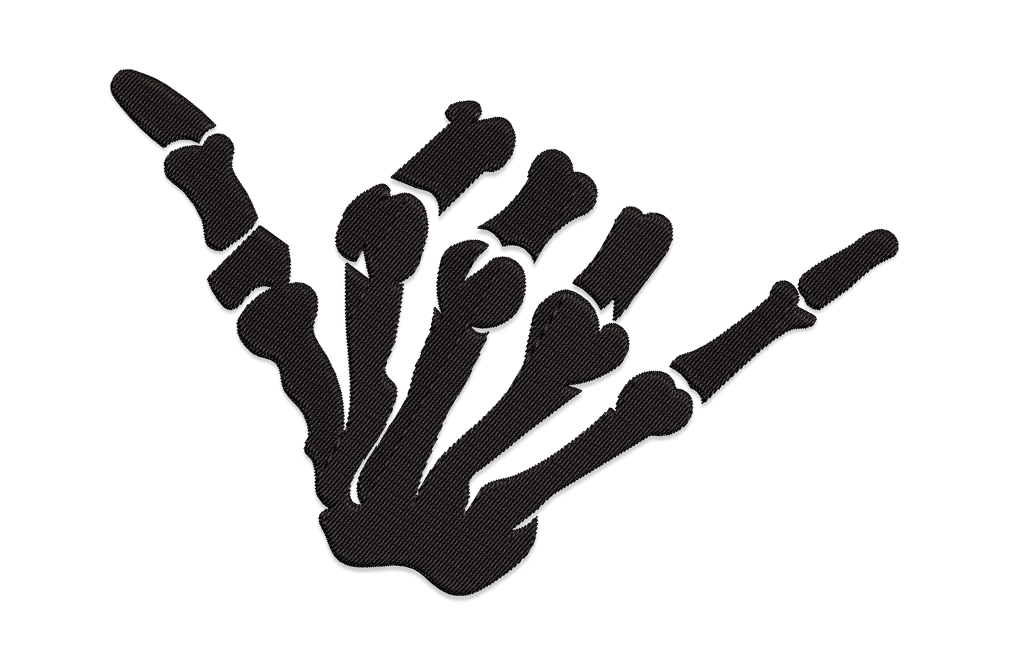 Skeleton hand open palm embroidery design, single colour all five fingers spread in portrait orientation with bone detail