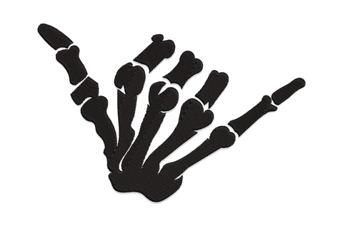 Skeleton hand open palm embroidery design, single colour all five fingers spread in portrait orientation with bone detail