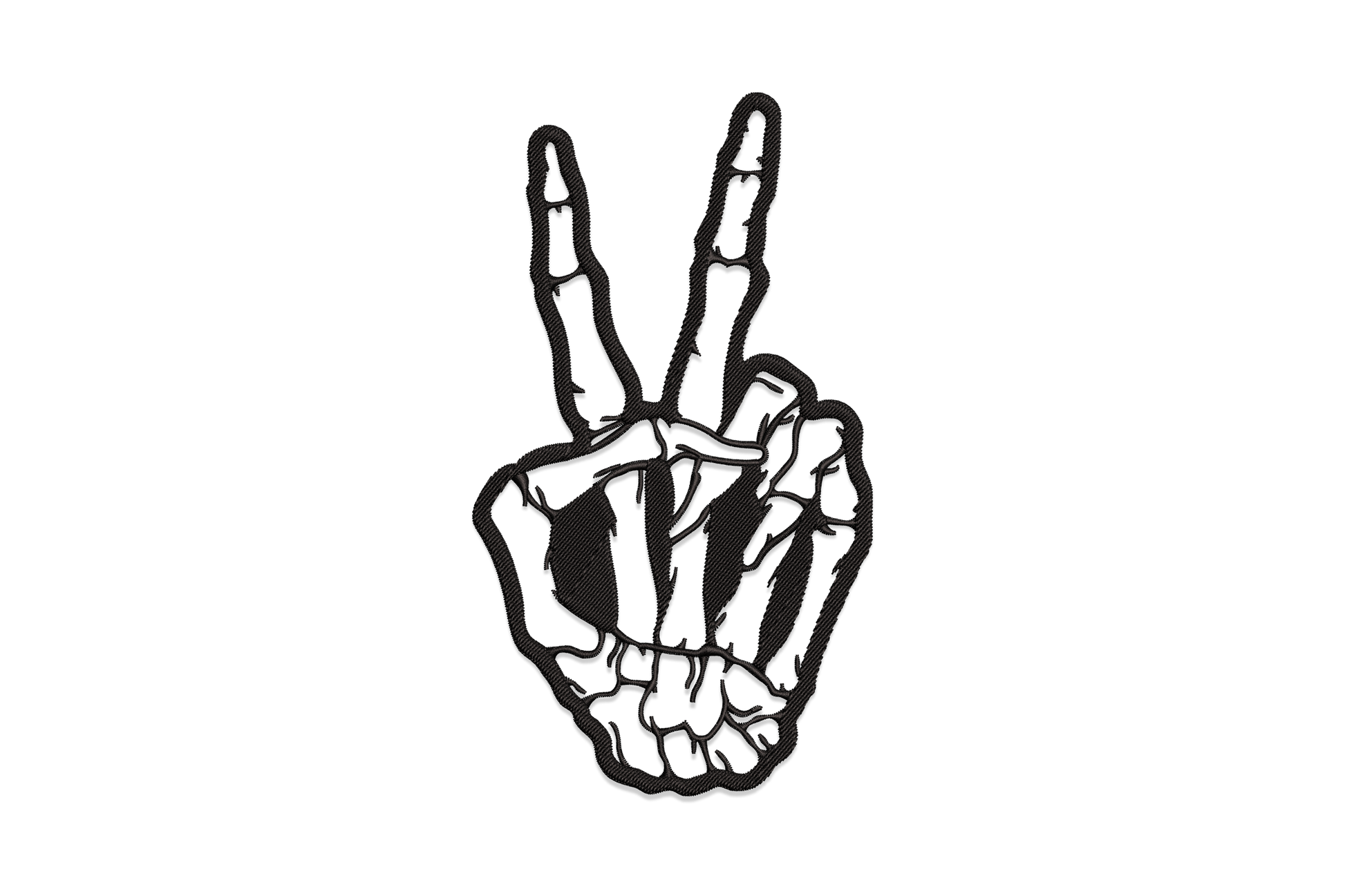 Skeleton hand peace sign embroidery design, single colour bony hand with index and middle fingers raised and joint details