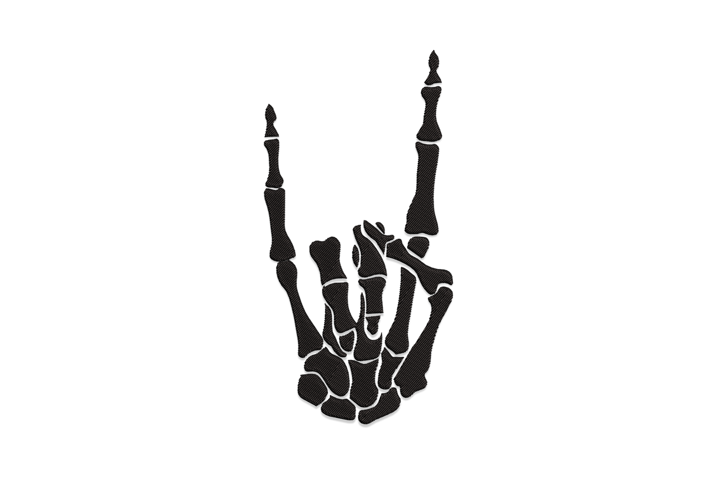 Skeleton hand rock horns embroidery design, single colour bony devil horns gesture with curved fingers and joint details