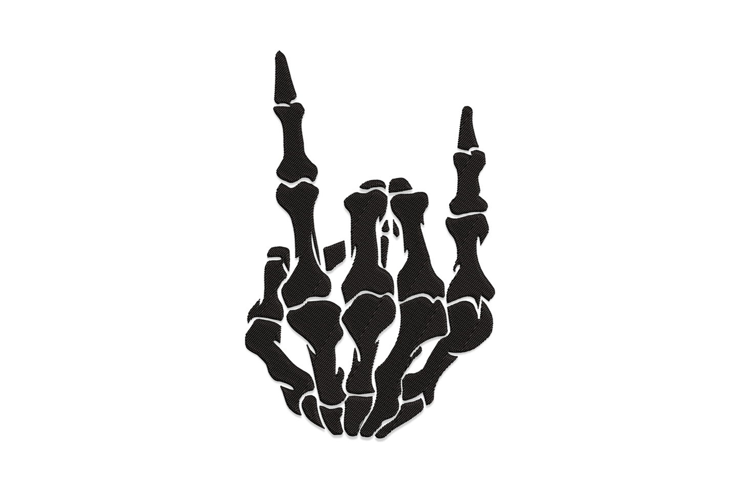 Skeleton hand rock on embroidery design, single colour bony hand with index and pinky fingers raised in rock gesture