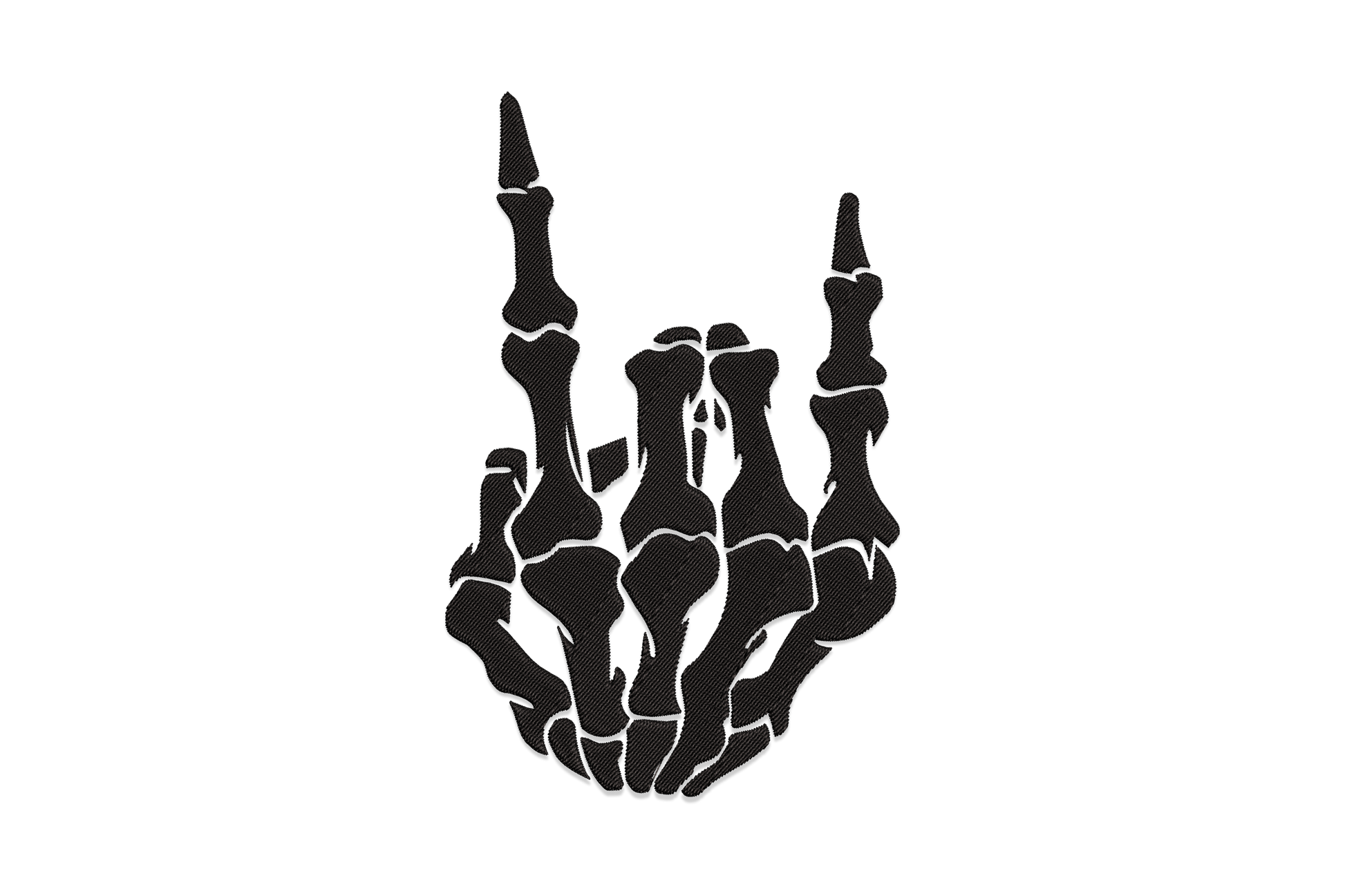 Skeleton hand rock on embroidery design, single colour bony hand with index and pinky fingers raised in rock gesture