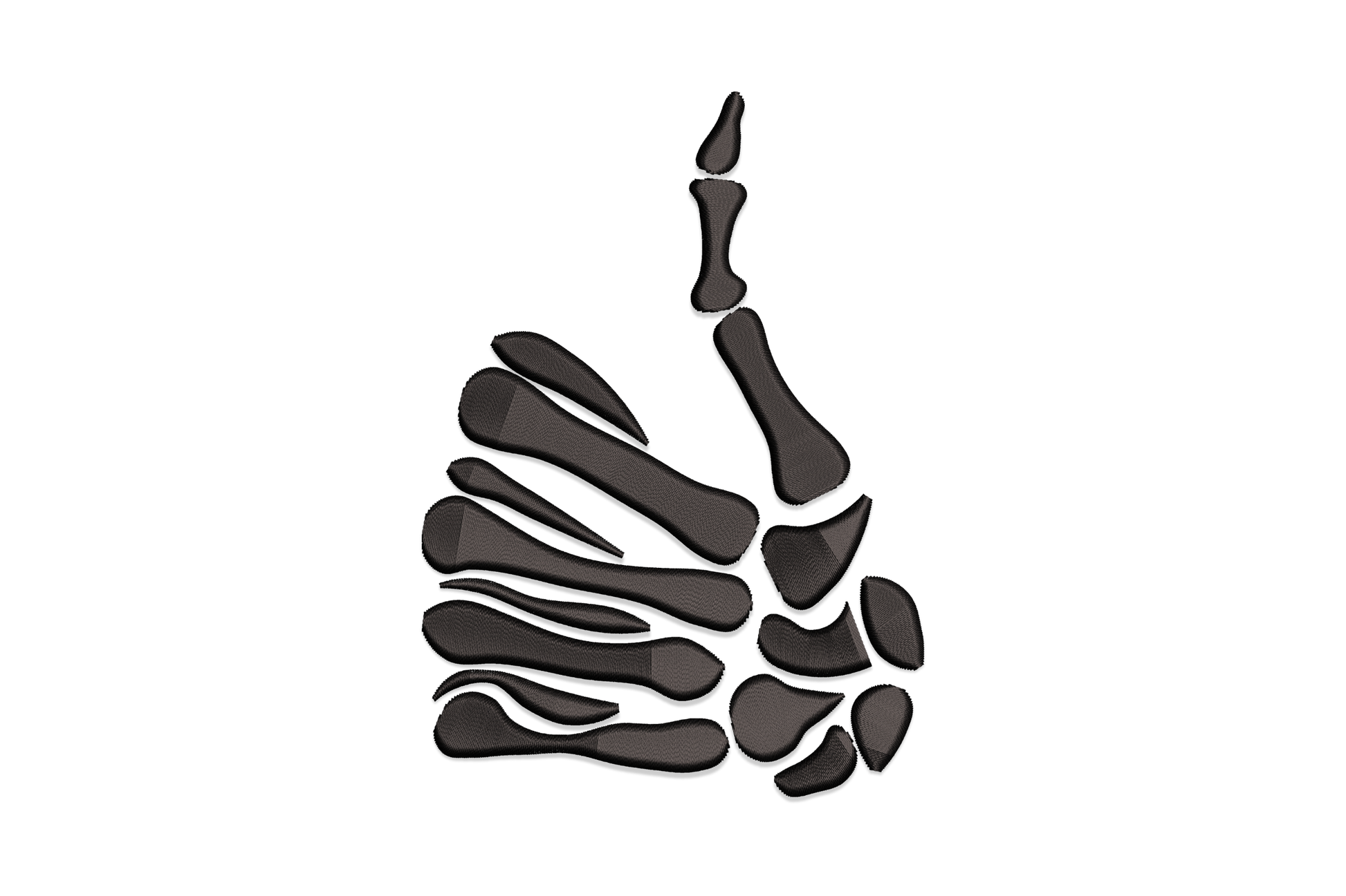Skeleton hand thumbs up embroidery design, single colour bony hand with finger joint detail giving approval gesture
