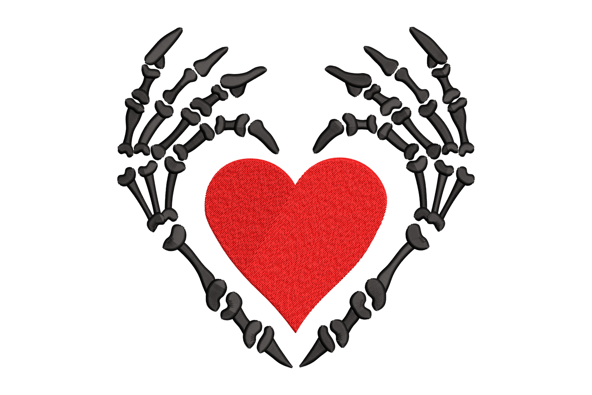 Skeleton hands cradling a heart shape, two-colour gothic Halloween machine embroidery design on dark fabric