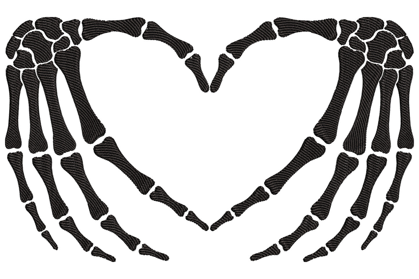 Machine embroidery design of two skeleton hands holding a bold heart, white bone satin stitching, single colour, nine sizes