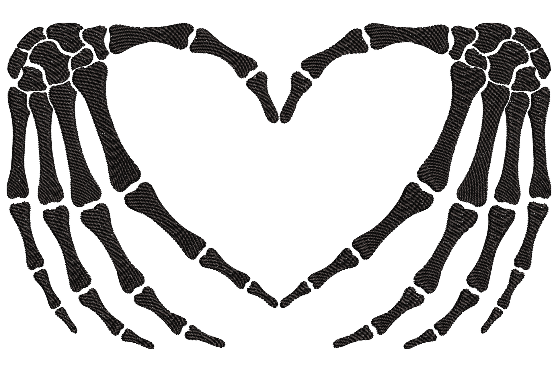 Machine embroidery design of two skeleton hands holding a bold heart, white bone satin stitching, single colour, nine sizes