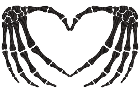Machine embroidery design of two skeleton hands holding a bold heart, white bone satin stitching, single colour, nine sizes