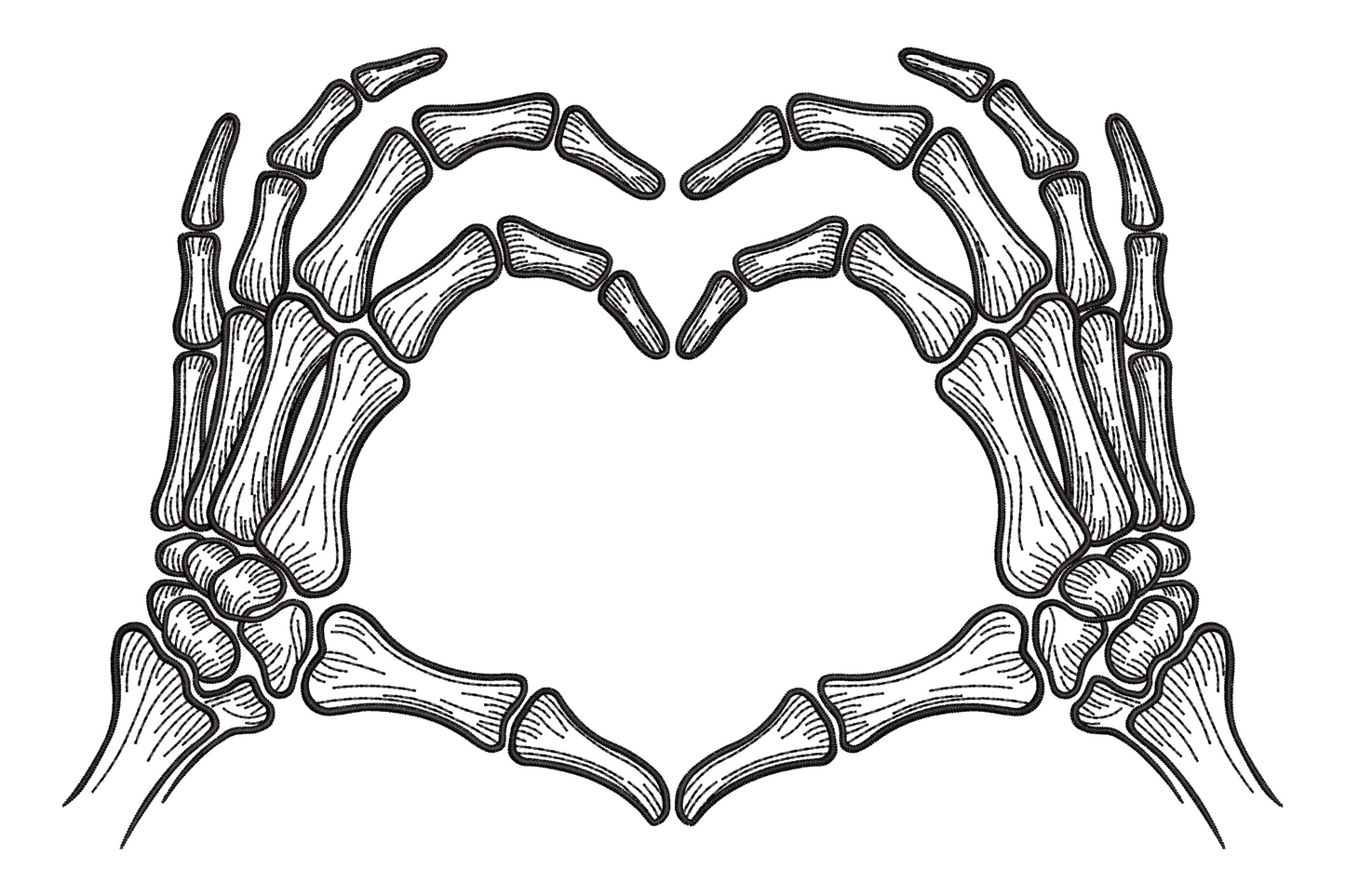Skeleton hands heart embroidery design, two bone hands touching fingertips forming heart shape, single colour, 3.5 by 2.3 inches, gothic halloween machine embroidery.