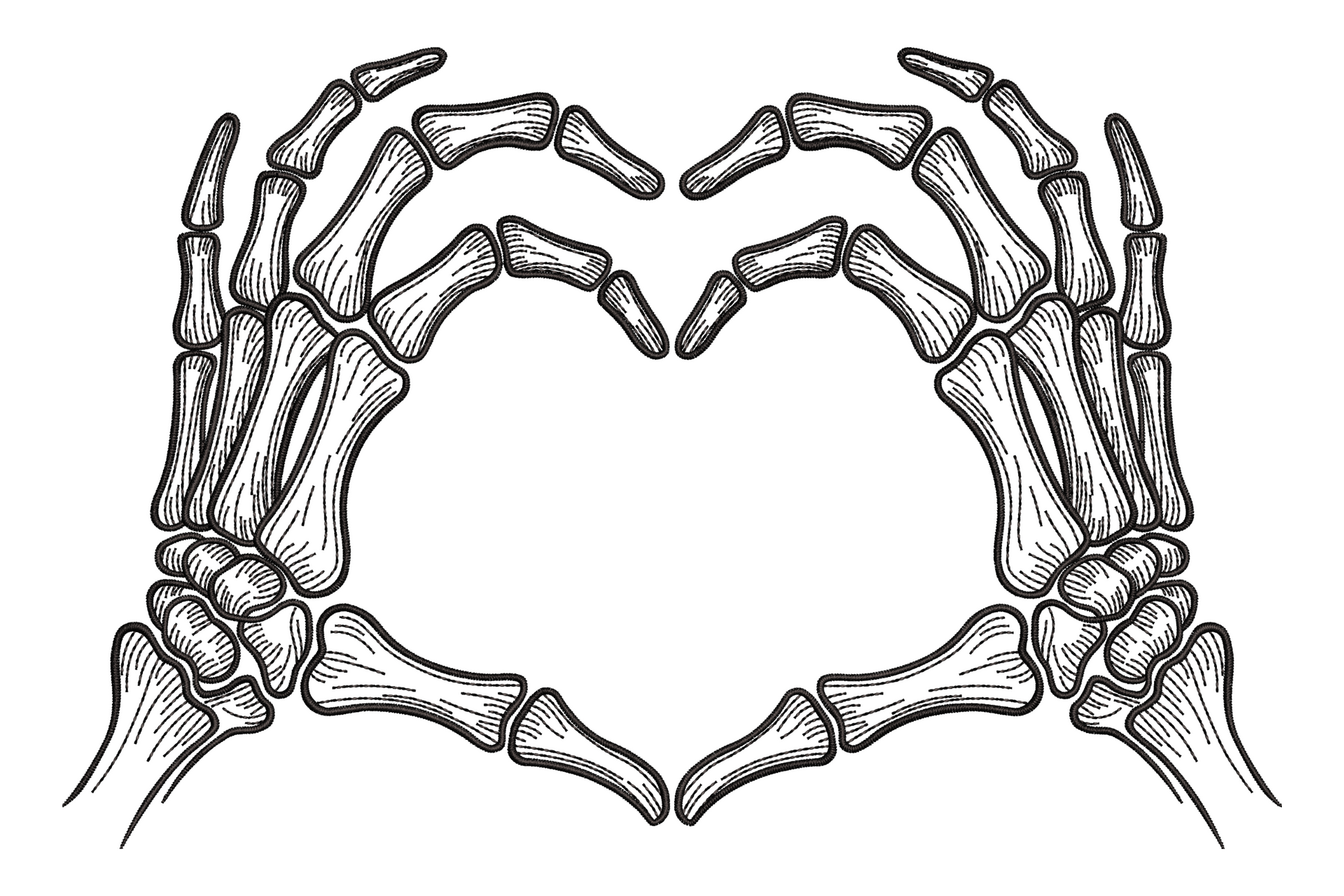Skeleton hands heart embroidery design, two bone hands touching fingertips forming heart shape, single colour, 3.5 by 2.3 inches, gothic halloween machine embroidery.