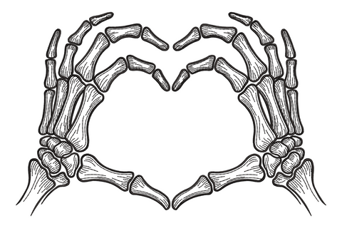 Skeleton hands heart embroidery design, two bone hands touching fingertips forming heart shape, single colour, 3.5 by 2.3 inches, gothic halloween machine embroidery.