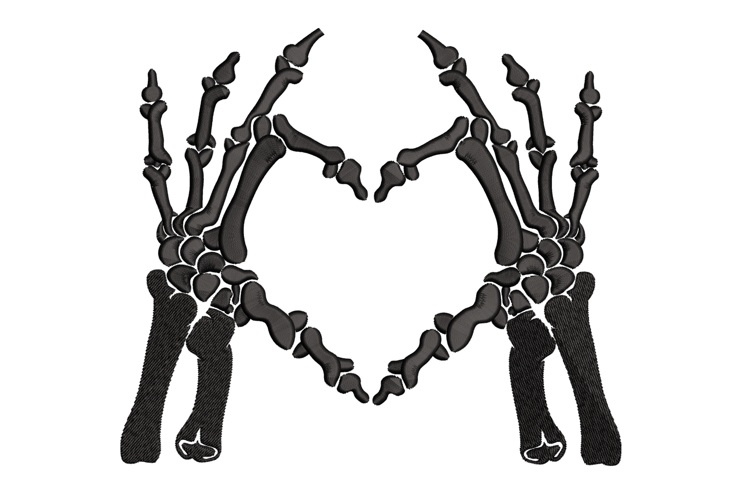 Machine embroidery design of two skeleton hands forming a heart shape, bold black silhouette, halloween gothic style, 5 sizes included