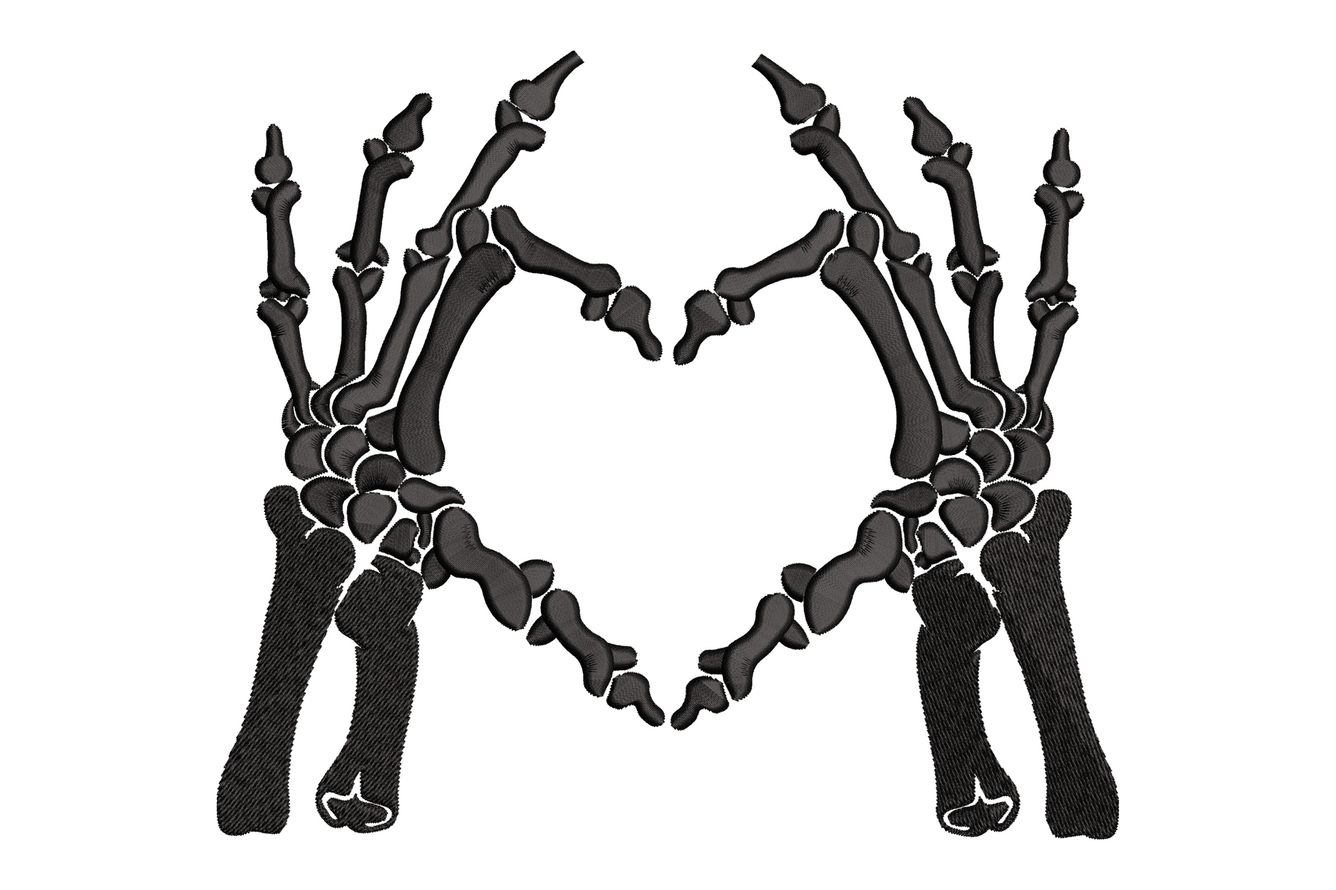 Machine embroidery design of two skeleton hands forming a heart shape, bold black silhouette, halloween gothic style, 5 sizes included