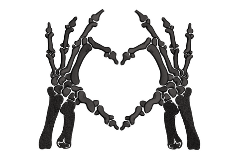 Machine embroidery design of two skeleton hands forming a heart shape, bold black silhouette, halloween gothic style, 5 sizes included
