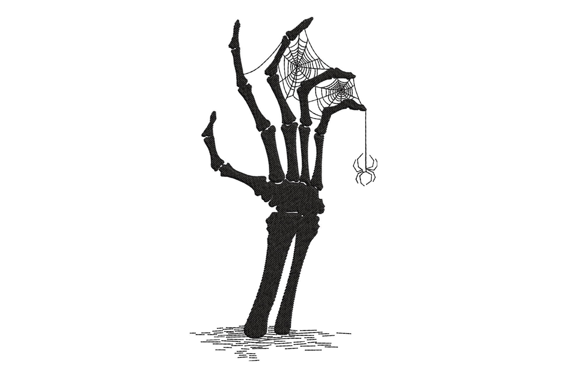 Skeleton hand spider web embroidery design showing a detailed black skeletal hand with segmented finger bones rising from a ground line, spider webs stretched between spread fingers, and a dangling spider on white background