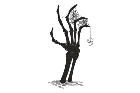 Skeleton hand spider web embroidery design showing a detailed black skeletal hand with segmented finger bones rising from a ground line, spider webs stretched between spread fingers, and a dangling spider on white background