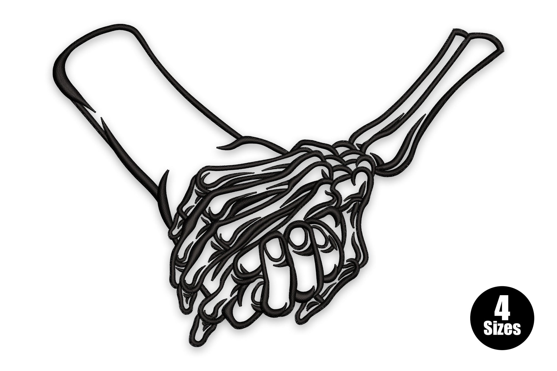 Skeleton holding hands embroidery design, two articulated skeleton hands interlaced, black single colour, 4 sizes 2.86 to 5.01 inches