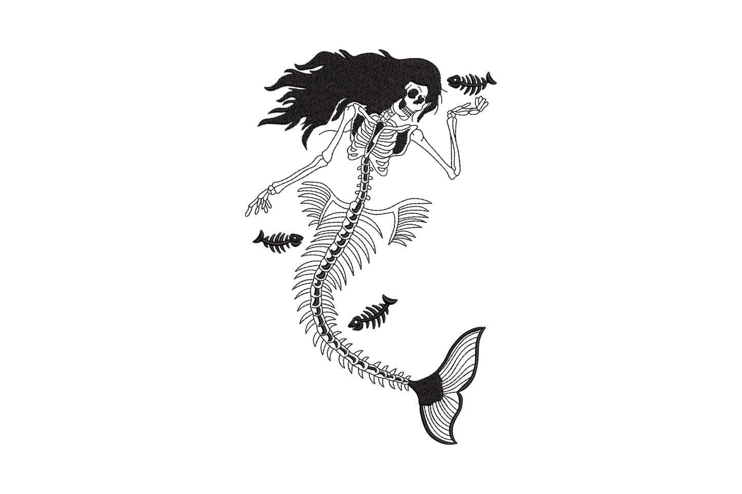 Skeleton mermaid embroidery design in single black thread linework, skull with long hair, ribcage, fishbone tail, small fish surrounding, 5 sizes.