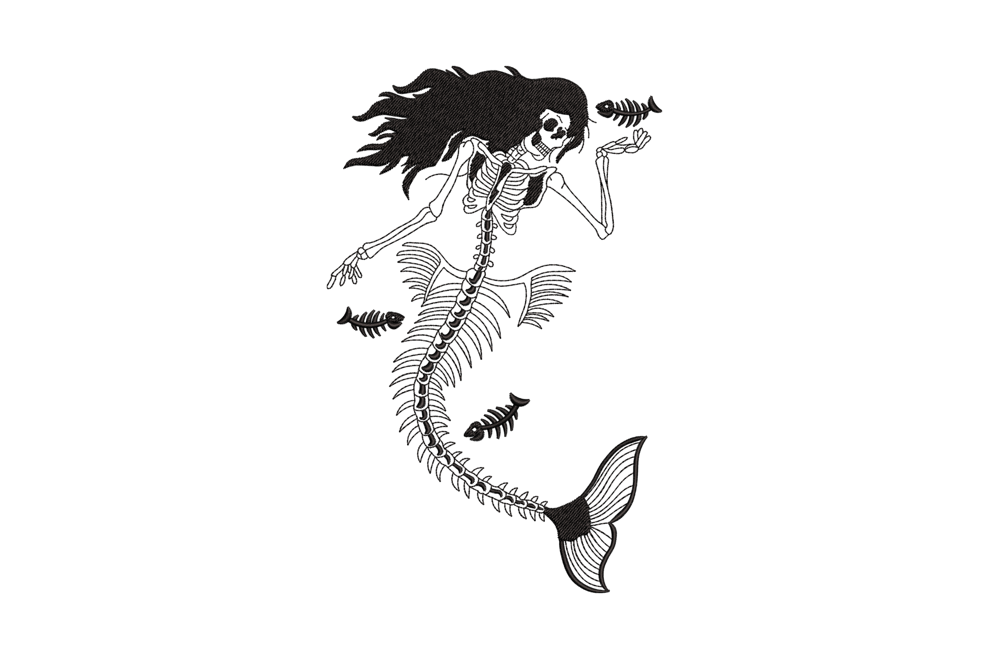 Skeleton mermaid embroidery design in single black thread linework, skull with long hair, ribcage, fishbone tail, small fish surrounding, 5 sizes.