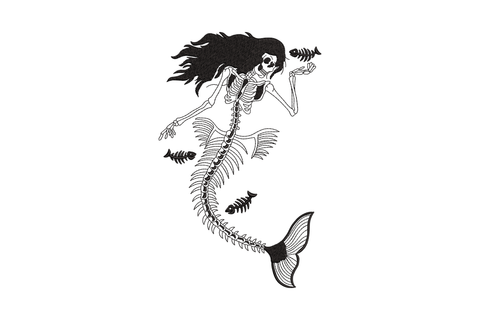 Skeleton mermaid embroidery design in single black thread linework, skull with long hair, ribcage, fishbone tail, small fish surrounding, 5 sizes.