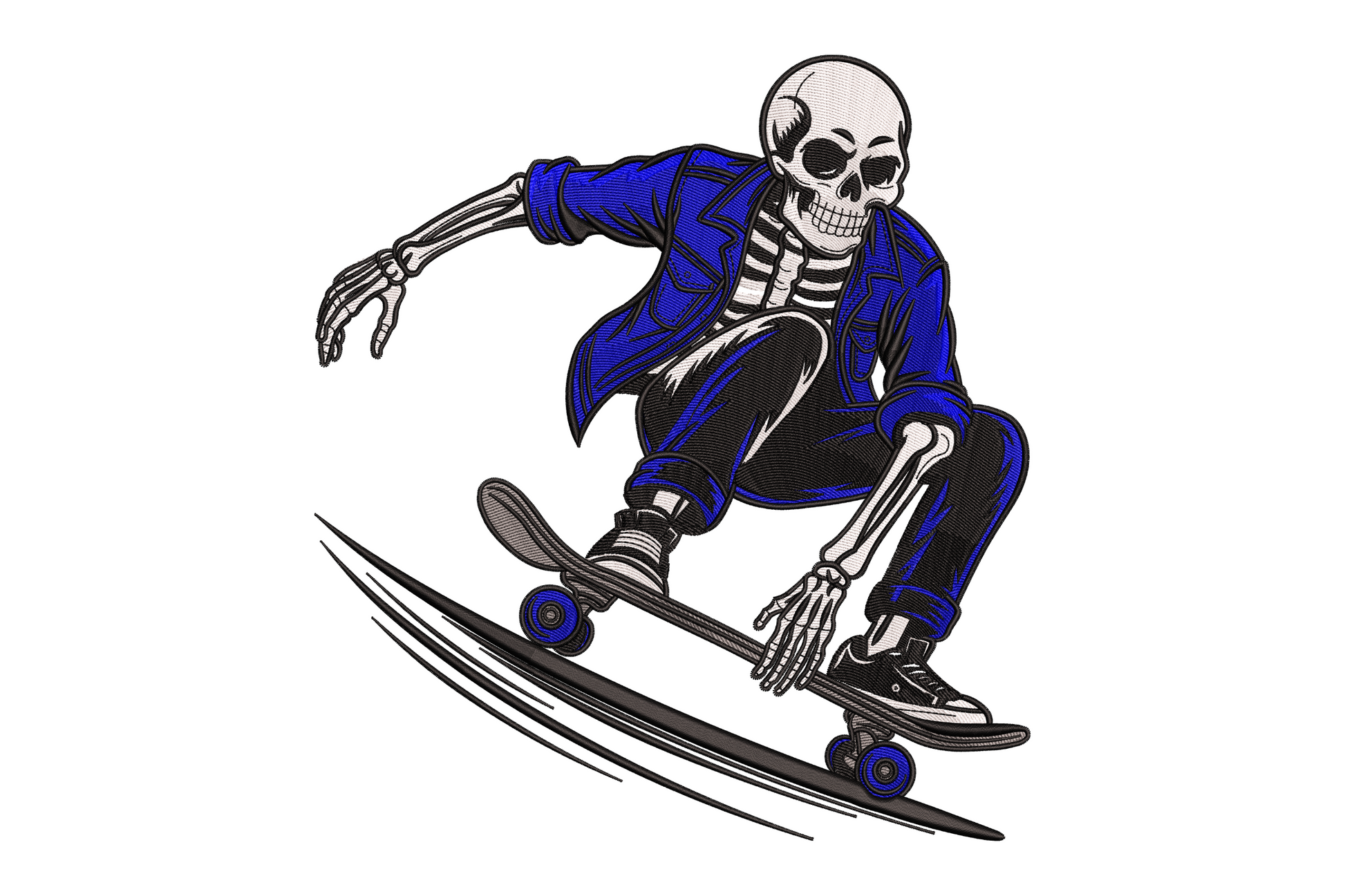 Skeleton skateboarder embroidery with bony rider crouched on wooden deck with orange red flames trailing behind