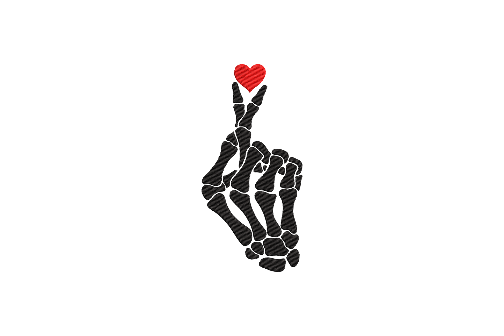 Skeleton hand with a heart above it embroidery design