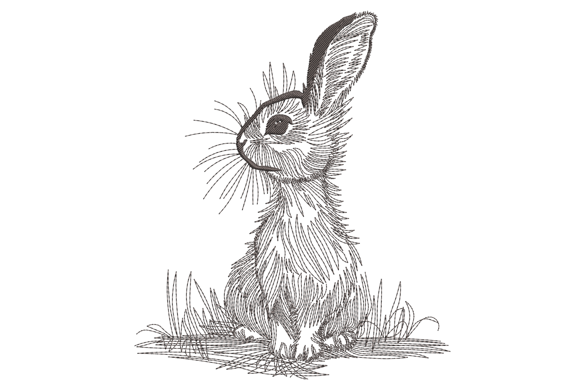 Sketch bunny embroidery on kraft canvas tote, hand-drawn rabbit in matte black thread, loose scribbly outline style