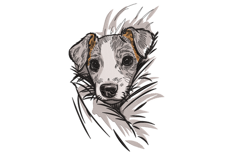 Sketch style dog portrait embroidery design, loose pencil line style, matte black on cream linen, 9 size options