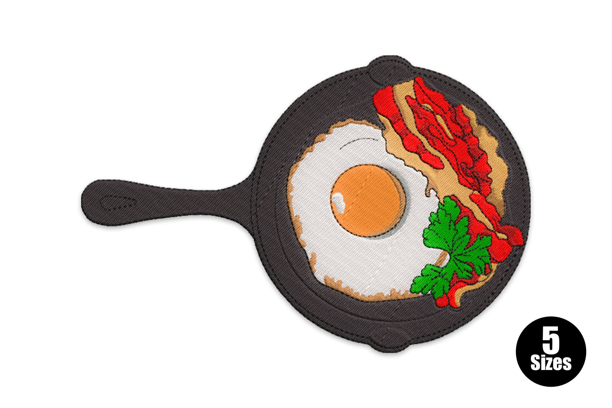 Cast iron skillet embroidery design with sunny-side up fried egg, bacon strips and parsley sprig in 10 thread colors.