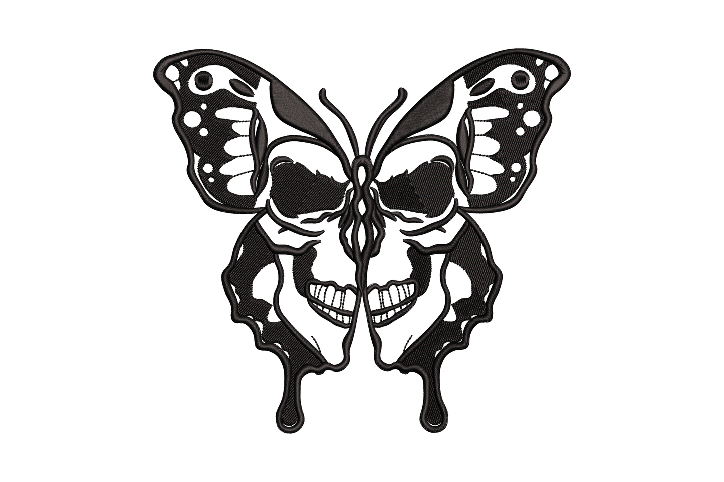Skull butterfly embroidery design, black mirror-symmetric butterfly with skull face thorax, gothic machine embroidery pattern for tees and jacket backs.