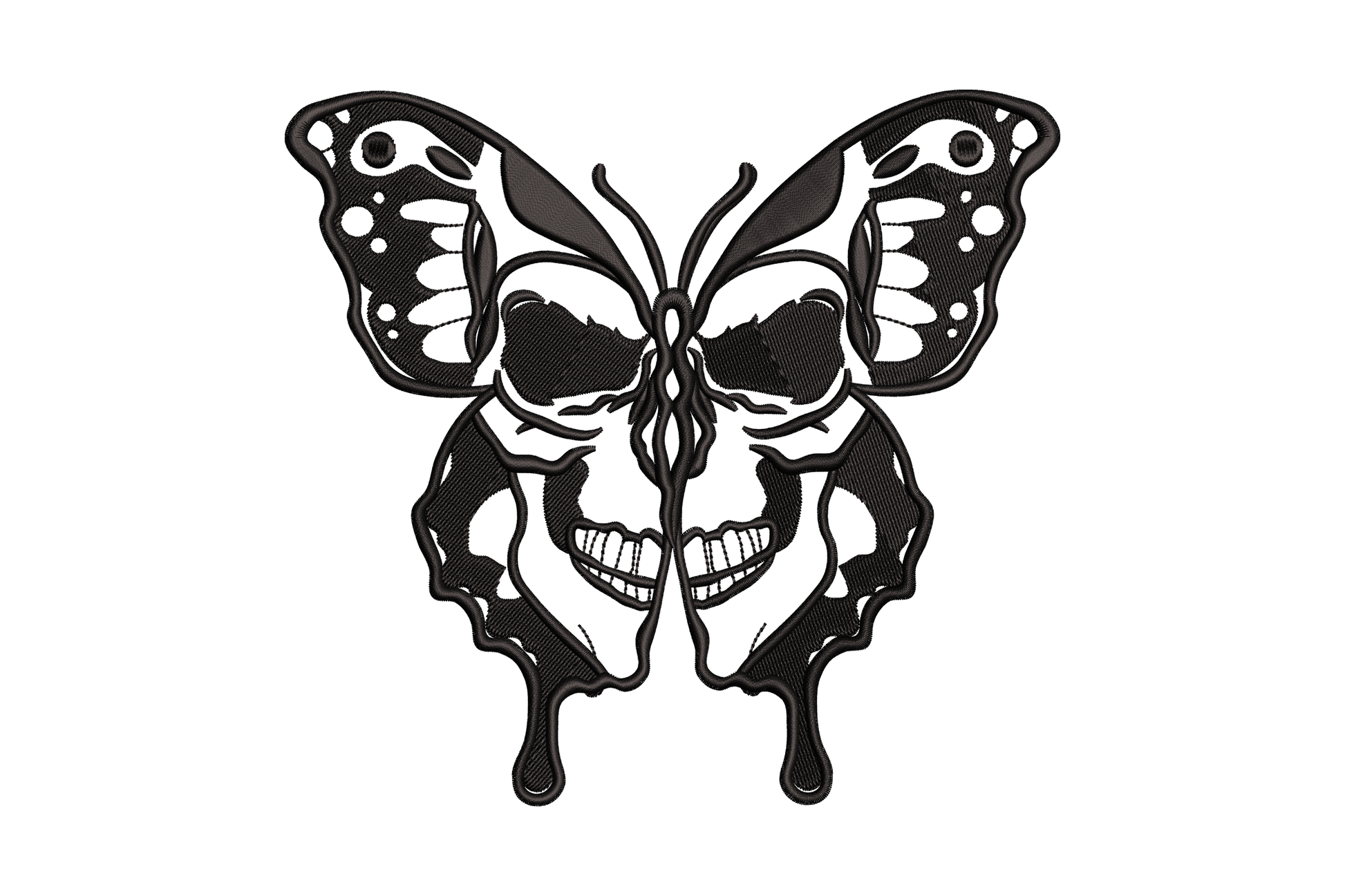 Skull butterfly embroidery design, black mirror-symmetric butterfly with skull face thorax, gothic machine embroidery pattern for tees and jacket backs.