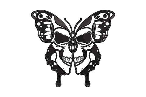 Skull butterfly embroidery design, black mirror-symmetric butterfly with skull face thorax, gothic machine embroidery pattern for tees and jacket backs.