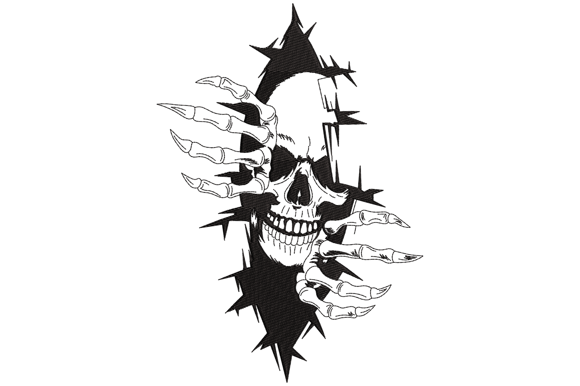 Black embroidery of a grinning skull with skeleton hands ripping through a jagged tear, surrounded by sharp spike fragments, single colour design.